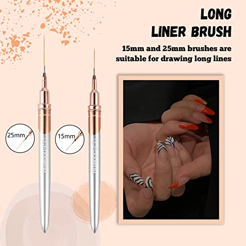 Liner Brush for Nails, 6Pcs Thin Nail Art Brushes Professional Nail Detail Brush for Gel Polish Sizes 5/7/9/11/15/25mm (Silver and Golden)