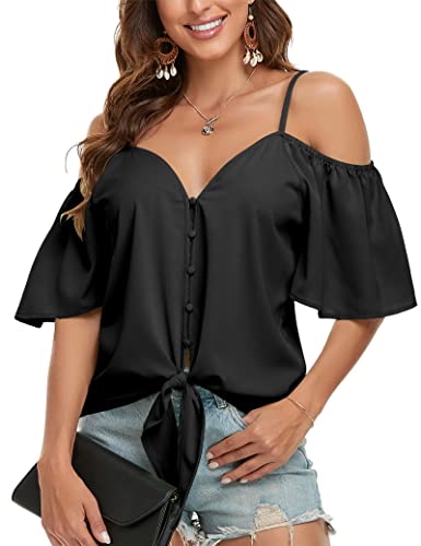 Leereya 2023 Black Off-Shoulder Sexy Summer Top, Bow Tie Front, Half Sleeve, Low Cut Crop, Women's Club Outfit, XL