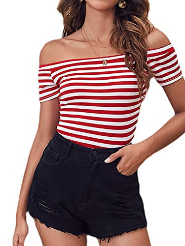 Women's Short Sleeve Vogue Fitted Off Shoulder Modal Blouse Top T-Shirt (Medium, Red Stripe)