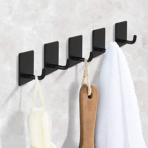 Adhesive Hooks Black Towel Hooks Heavy Duty Stick on Wall Door Cabinet Hook Stainless Steel Towel Hooks Self Adhesive Holders for Hanging Coat Clothes Kitchen Bathroom Home Hooks 4 Pack (Black)