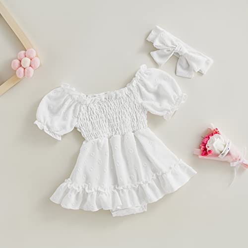 Infant Baby Girls Romper Dress Dot Pattern Short Sleeve Ruched Jumpsuits Skirts Hem Bodysuits Headband (White dots, 6-12 Months)