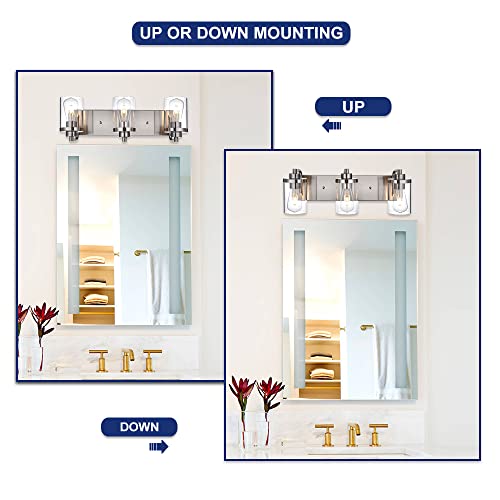 TODOLUZ 3 Light Bathroom Fixtures Mirror 3-Light Bathroom Light Fixtures Over Mirror, Modern Brushed Nickel Vanity Lighting with Clear Glass Shades for Living Room Bedroom Hallway