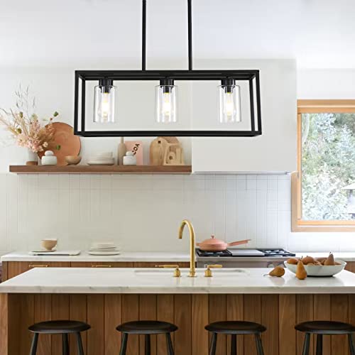 Black 3-Light Dining Room Light Fixture, Modern Farmhouse Chandeliers, Linear Rectangular Kitchen Island Lighting, Industrial Vintage Pendant Lighting with Clear Glass Shade Height Adjustable