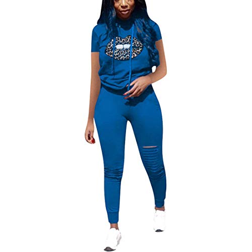 Nimsruc Women 2 Piece Tracksuit Outfits Casual Sports Short Sleeve Pullover Hoodie Sweatsuits Blue S