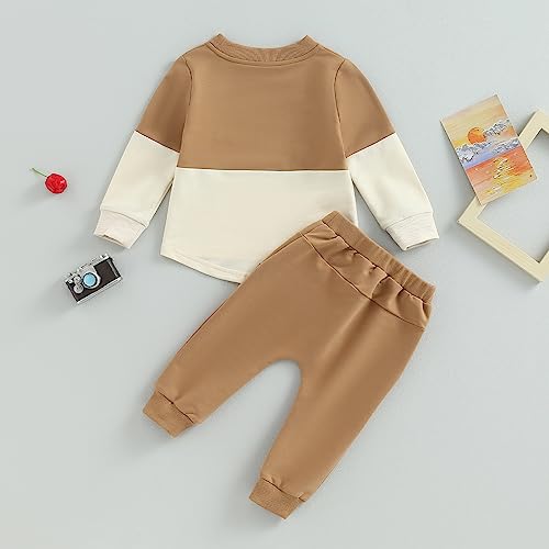 Toddler Baby Boy Outfits Long Sleeve Contrast Color Sweatshirt Solid Pants Autumn Winter Clothes Set (Brown & Beige,18-24 Months)