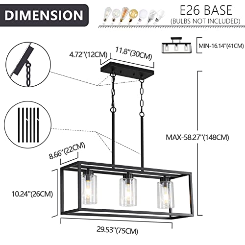 Black 3-Light Dining Room Light Fixture, Modern Farmhouse Chandeliers, Linear Rectangular Kitchen Island Lighting, Industrial Vintage Pendant Lighting with Clear Glass Shade Height Adjustable