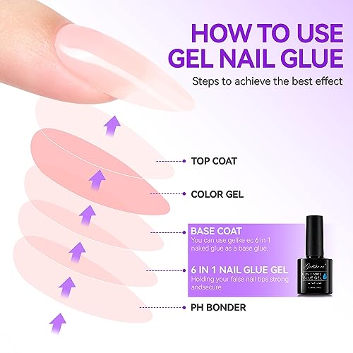 Gelike EC 2Pcs Nail Glue Gel 6 in 1 for Acrylic Nails Long Lasting, Curing Needed UV Extension Glue for False Nail Tips and Press on Nails, Nail Repair Treatment