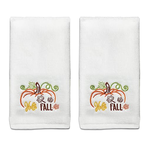 Hexagram Fall Hand Towels Set of 2, Fall Bathroom Decor Embroidered Hello Fall Pumpkin Pattern 100% Cotton Soft Luxury Towels for Bathroom 14" x 30" Inch, Fall Decorations for Home Towel