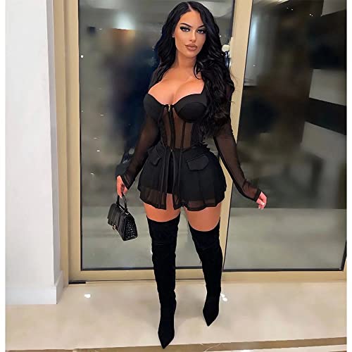 Sexy Two Piece Outfits for Women Mesh See Through Patchwork Tops Bodycon Shorts Rompers Party Club Tracksuit Black XL