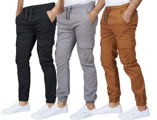 RGSTR 3 Pack Cargo Pants for Men - Relaxed Fit Twill Joggers with Elastic Waistband and Stretch Fabric - Casual Wear