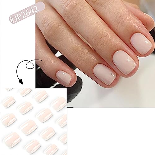 Short Square Fake Nails Press on Nails Acrylic French Tips Nails Light Pink Nails for Women and Girls 24 Pcs Artificial Manicure Nails