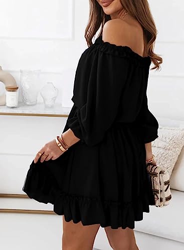 Dokotoo Womens Ruffle Off Shoulder Dress Long Sleeve Elastic Waist A-Line Casual Swing Mini Dresses for Women Fall Summer Fashion 2023 Flowy Cute Sexy Party Date Night Outfits Black Plus Size X-Large