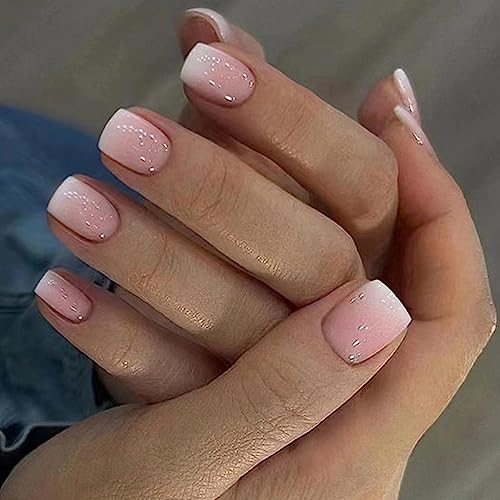 24Pcs Short Press on Nails Square Cute Fake Nails Ombre False Nails Full Cover Nails Press ons Short Nail Tips Art Kit Glossy Acrylic Nude Pink Stick on Nails Glue on Nails Manicure Decorations Set