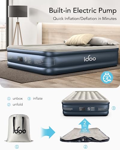 iDOO Luxury Air Mattress with Built in Pump, Queen Inflatable Mattress for Camping, Guests & Home, 18" Raised Comfort Blow up Mattress, Durable, Portable & Waterproof Air Bed, colchon inflable