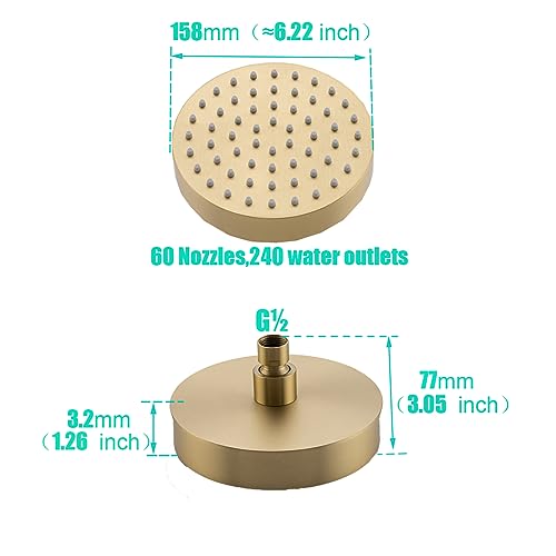 RANDOM 6 Inch Brushed Gold Shower Head High Pressure Magic Rain With 360 Adjustable Swivel Ball Joint with Filter, Solid Stainless Steel Showerhead, Luxury Modern Look.