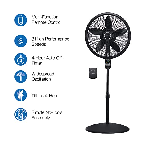 Lasko Oscillating Cyclone Pedestal Fan, Adjustable Height, Timer, Remote Control, 3 Speeds, for Bedroom, Living Room, Home Office, 18", Black, 1843