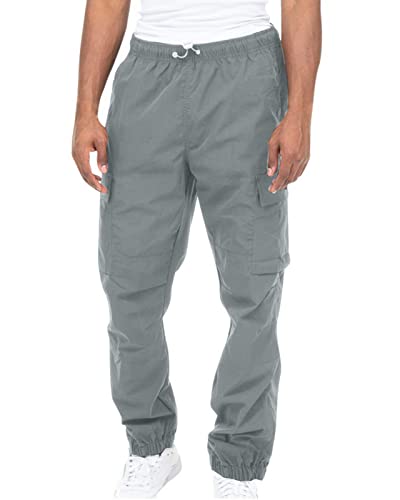 Men’s Cargo Pants Lightweight Outdoor Drawstring Jogger Sweatpants Hiking Baggy Trousers with Pockets Grey