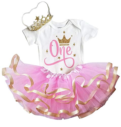 1st First 2nd Second Birthday Party Outfit- Baby Girl Pink Gold Silver Princess Tutu Set and Crown