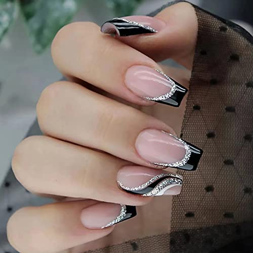 24Pcs French Tip Press on Nails Short Square Fake Nails Black Glitter Lines Design Nail Art Supplies Nude Pink False Nails Full Cover Artificial Glue on Nails for Women Girls Acrylic Nails Decorations
