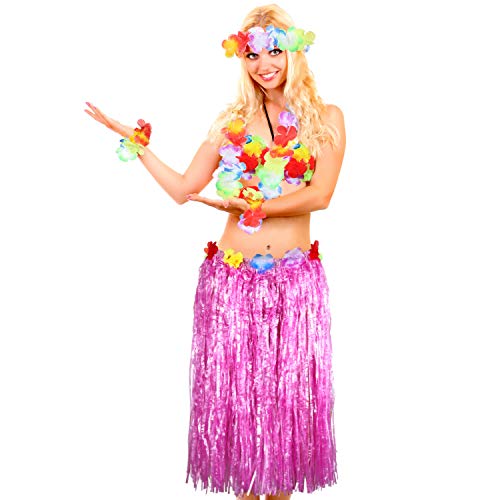 8 Pieces Hawaiian Grass Hula Skirt Costume Set Necklace Garland Bracelet Bikini Top for Women Tropical Luau Party Decoration (Pink Skirt)