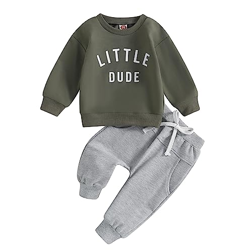 Baby Toddler Boys Fall Winter Outfits Little Dude Letter Printed Long Sleeve Sweatshirts Pants 2Pcs Clothes Set (Army Green, 0-6 Months)