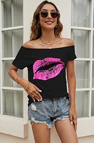 Halife Women's 80s Clothes Sexy Lips Print Off The Shoulder Tops Short Sleeve Loose Fit Tee Shirts Black M