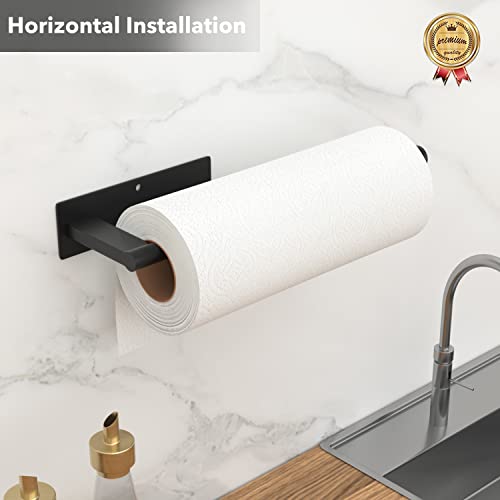 Paper Towel Holder Under Cabinet - Stainless Steel Paper Towel Holder Wall Mount, Self-Adhesive or Drilling, Matte Black Towel Rack for Kitchen Organization and Storage, Kitchen Paper Roll Holder