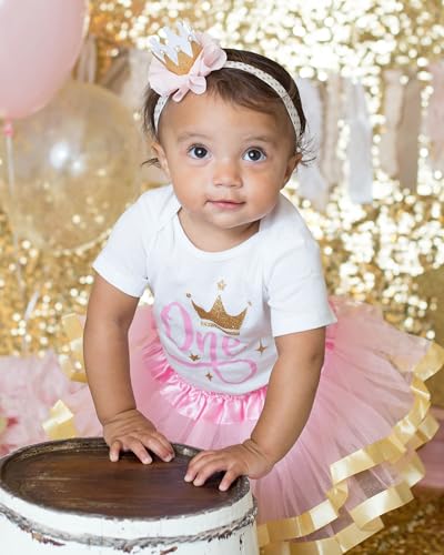 1st First 2nd Second Birthday Party Outfit- Baby Girl Pink Gold Silver Princess Tutu Set and Crown