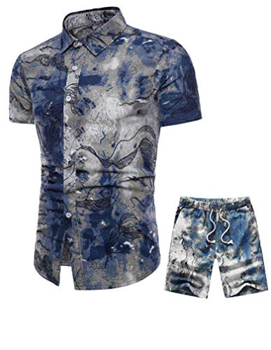 Tebreux Men's Floral Outfits 2 Piece Shirts and Shorts Suit Button Down Hawaiian TrackSuit Blue XL