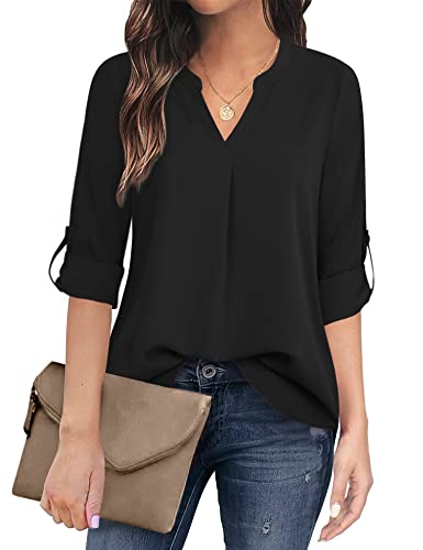 Timeson Black Blouses for Women,3/4 Sleeve Tunics Tops for Women Ladies Dressy Shirts V Neck Chiffon Blouse for Business Casual Fashion 2022 Office Work Blouse Career Formal Clothes Funeral