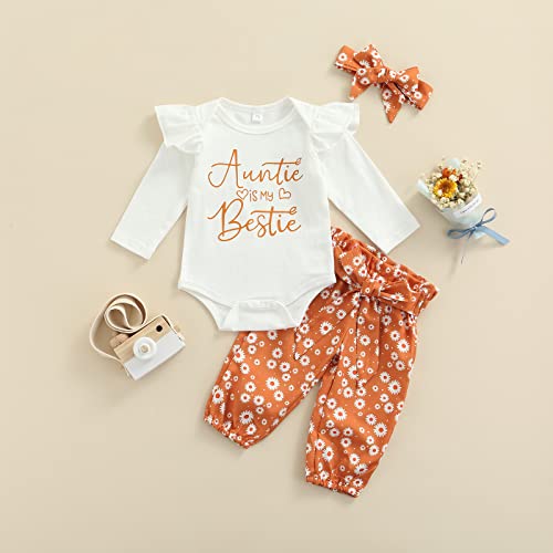 Newborn Infant Baby Girls Clothes Set Auntie Saying Letter Rompers Floral Daisy Pants Headband (White Bestie, 3-6 Months)