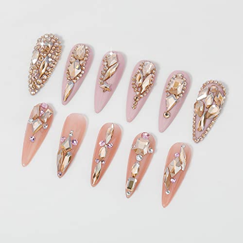 2920Pcs Champagne Gold Crystal Nail Rhinestones Round Flatback Rhinestones Multi Shape Nail Gemstones Gold Nail Glass Crystals Diamonds Jewelry for Nail Design Nail Rhinestones for Acrylic Nails kit