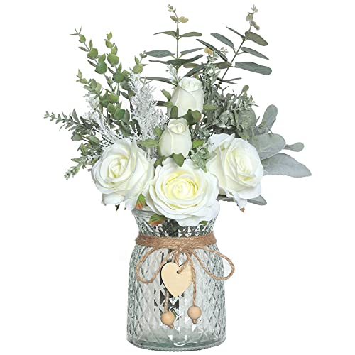 Faux Flowers with Vase,Artificial Silk Roses in Vase, Fake Plant Eucalyptus Flower Arrangement for Home Office Farmhouse Bathroom Dining Table Centerpiece Decorations Coffee Table Decor (White)