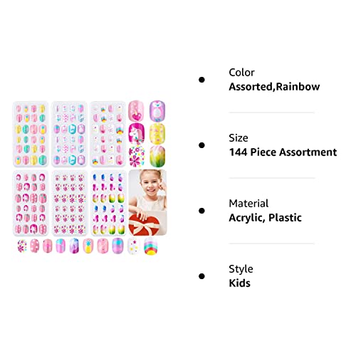 144 Pieces Press on Nails Grils, Thrilez Children Fake Artificial False Nail Tips Pre Glue Full Cover Short Acrylic Nails for Girls Kids Nail Art Decoration (Rainbow Sky)