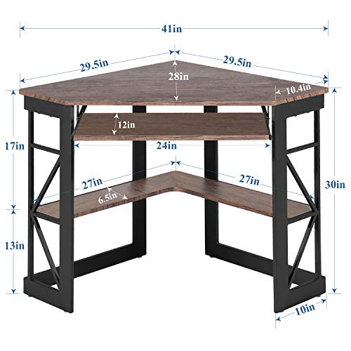 VECELO Corner Computer Desk 41 x 30 inches with Smooth Keyboard & Storage Shelves for Home Office Workstation, Rustic Natural Brown