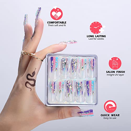 MqpQ Luxury Rainbow Press On Nails With Rhinestones Extra Long Square Fake Nails 24pc Glossy Full Cover False Nails For Women And Girls