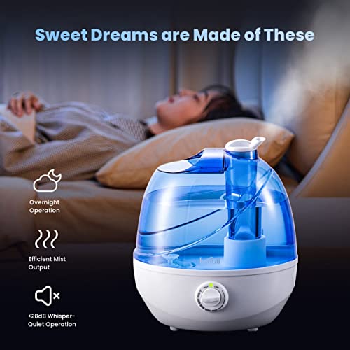 Cool Mist Humidifiers for Bedroom & Large Room (2.5l Water Tank) Quiet Ultrasonic Air Humidifier For Babies Nursery, Office, Indoor Plants & Whole House -Adjustable 360 Rotation Nozzle, Auto-Shut Off