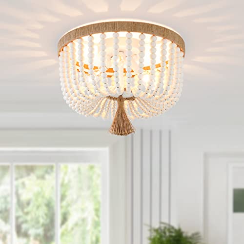 VILUXY Bohemia Wood Beaded Flush Mount Ceiling Light Antique Rustic Mini Chandelier White Finishing for Bedroom, Kitchen Island, Girl Room 3-Light