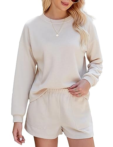 VIMPUNEC Women Lounge Sets Casual Sweatsuits Pajama Sets Fall Two Piece Outfits Long Sleeve Top and Shorts Tracksuit Apricot S