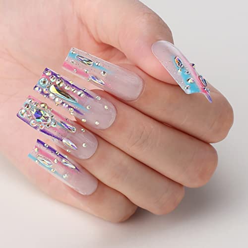 MqpQ Luxury Rainbow Press On Nails With Rhinestones Extra Long Square Fake Nails 24pc Glossy Full Cover False Nails For Women And Girls