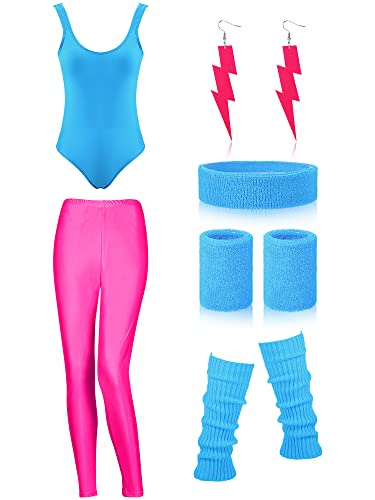 SATINIOR Women 80s 90s Workout Costume Outfit Accessories Set Leg Warmers Headband Wristbands Earrings Swimwear Suit (Lake Blue, Rose Red, Small)