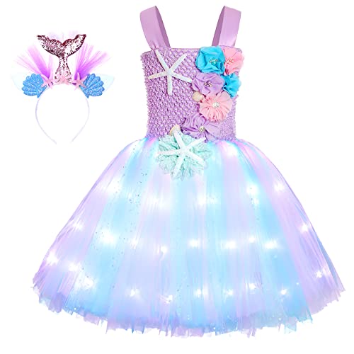 SKCAIHT Mermaid Costume Dress for Girls Mermaid Light Up Dress for Girls Mermaid Birthday Party Gifts Decorations Halloween Costumes (5-6 Years)
