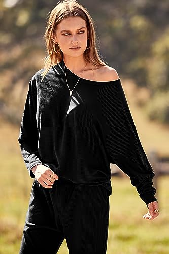 PRETTYGARDEN Women's 2023 Fall Fashion Outfits 2 Piece Sweatsuit Solid Color Long Sleeve Pullover Long Pants (Black,X-Large)