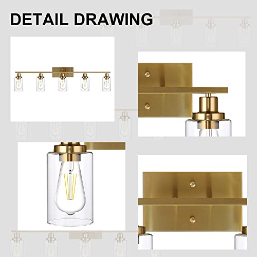 TULUCE 5 Light Bathroom Vanity Light Brushed Brass Wall Sconce with Clear Glass Shade, Modern Bathroom Wall Lamp Lighting for Bath Living Room Kitchen Mirror Dressing Powder Room