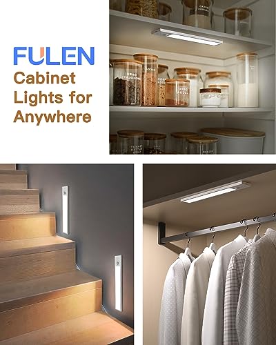 FULEN Closet Lights Motion Sensored, Magnetic Under Cabinet Lighting Wireless, Under Counter Lights for Kitchen, 2500mAh Rechargeable Lights for Home, Stick on Bar Light,2 Pack, White