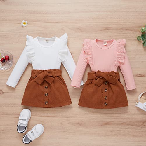 DUBASAM Trendy Kids Toddler Baby Girl Fall Outfit Ruffle Long Sleeve Knit Blouse Pullover Top Mini Skirt with Belt Clothes (White +brown, 2-3 Years)