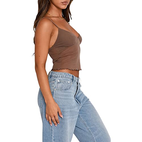 Women Y2K Cami Tank Top Spaghetti Strap V Neck Camisoles Summer Cute Sleeveless Crop Top Streetwear(J-Brown mesh top,S)