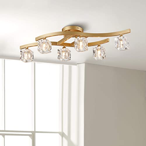 Bestier Modern Elegant Glass Crystal Ceiling Light Chandelier 6 Light Gold Flushmount Lighting Fixture L 30.5in W 10in H 7.5in