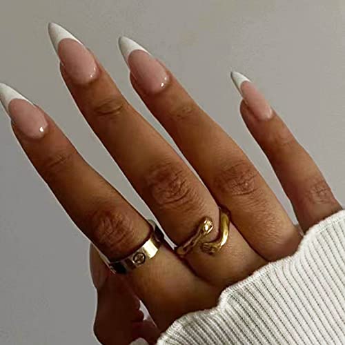 Hkanlre French Stiletto Fake Nails Acrylic Press on Nails Long Nude False Nails Full Cover Nails for Women and Girls 24PCS