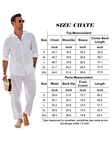 COOFANDY Men Linen Sets Outfits 2 Piece For Wedding Long Sleeve And Casual Elastic Waist Pants Summer Outfits (White M）